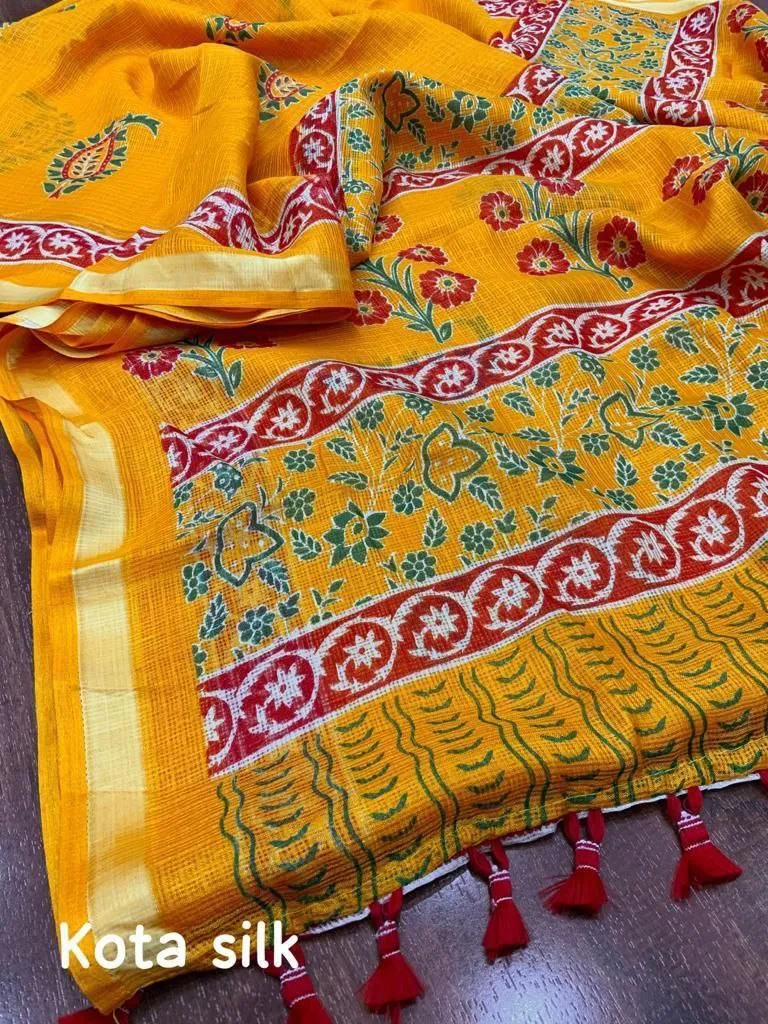 Printed Kota Silk Yellow Party wear Women's Saree