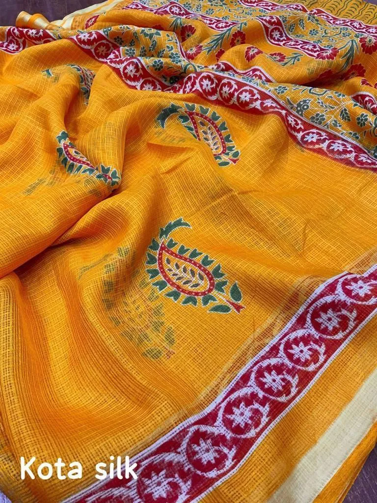 Printed Kota Silk Yellow Party wear Women's Saree