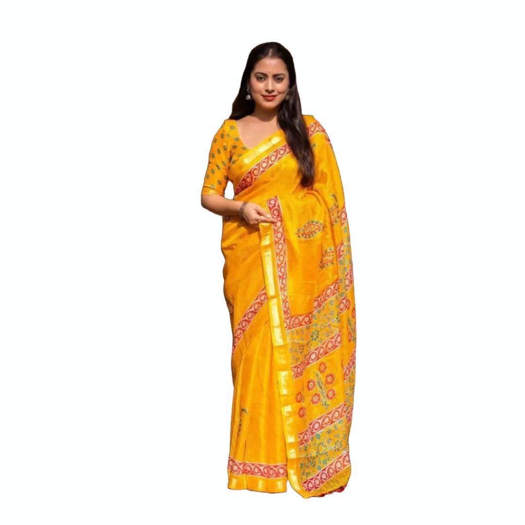 Printed Kota Silk Yellow Party wear Women's Saree