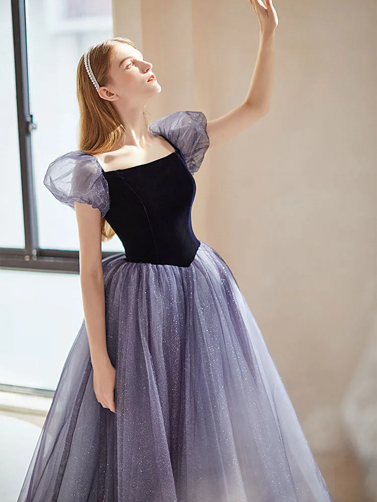 Purple A line Tulle Long Prom Dress, Purple Evening Dress