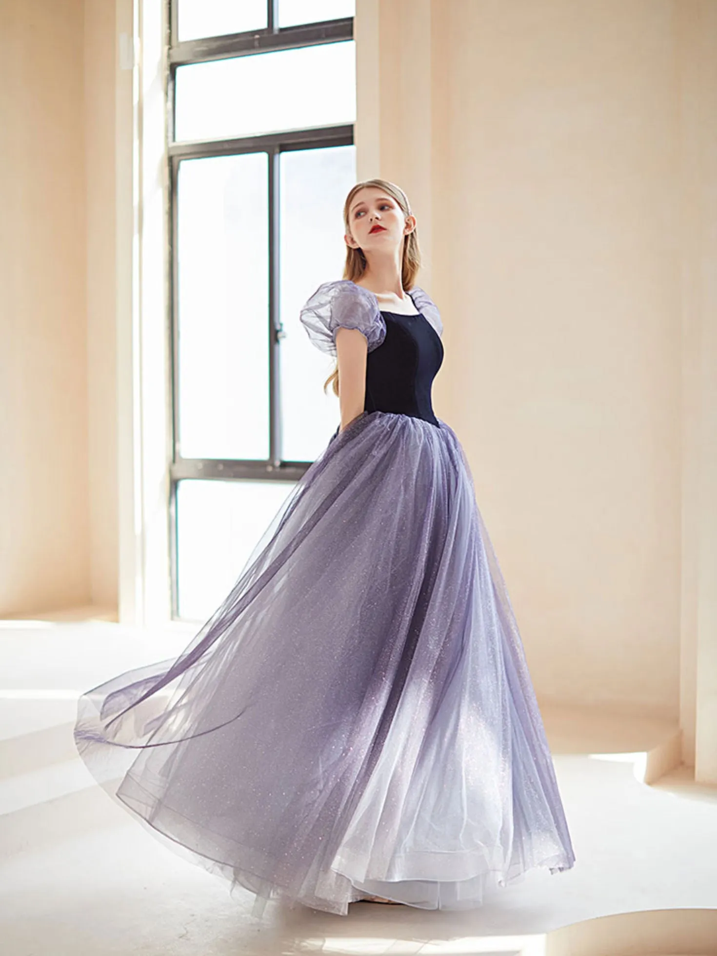 Purple A line Tulle Long Prom Dress, Purple Evening Dress