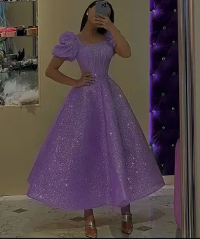 Purple A-Line Tulle Sequin Prom Dress, Purple Formal Dress      fg3402