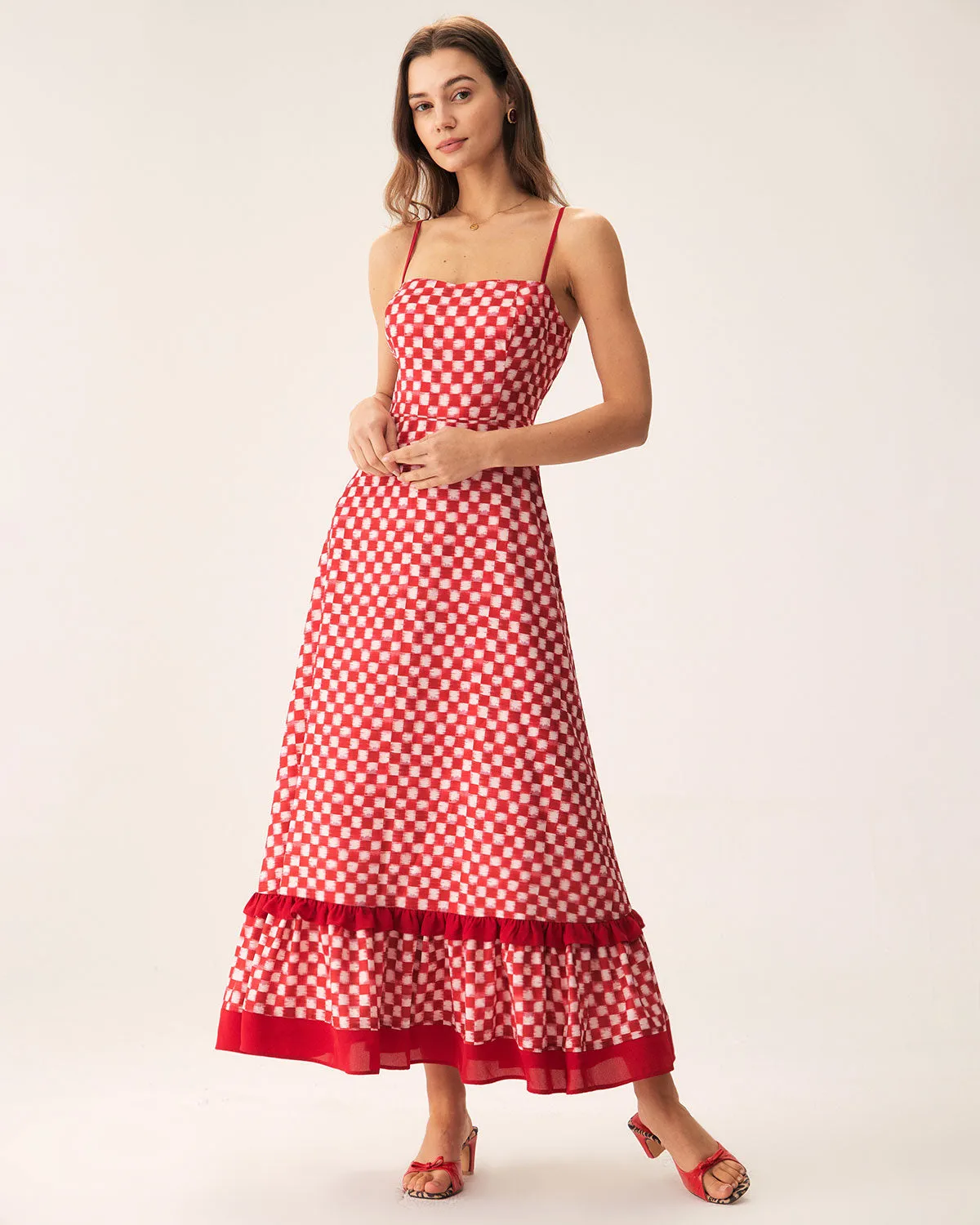 Red Geometric Ruffle Slip Maxi Dress