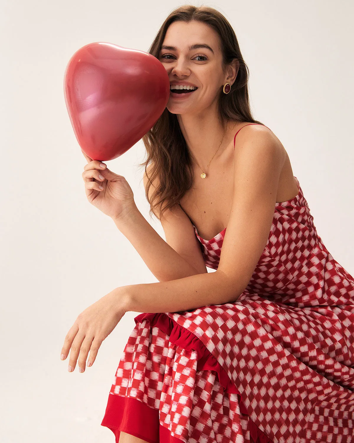 Red Geometric Ruffle Slip Maxi Dress