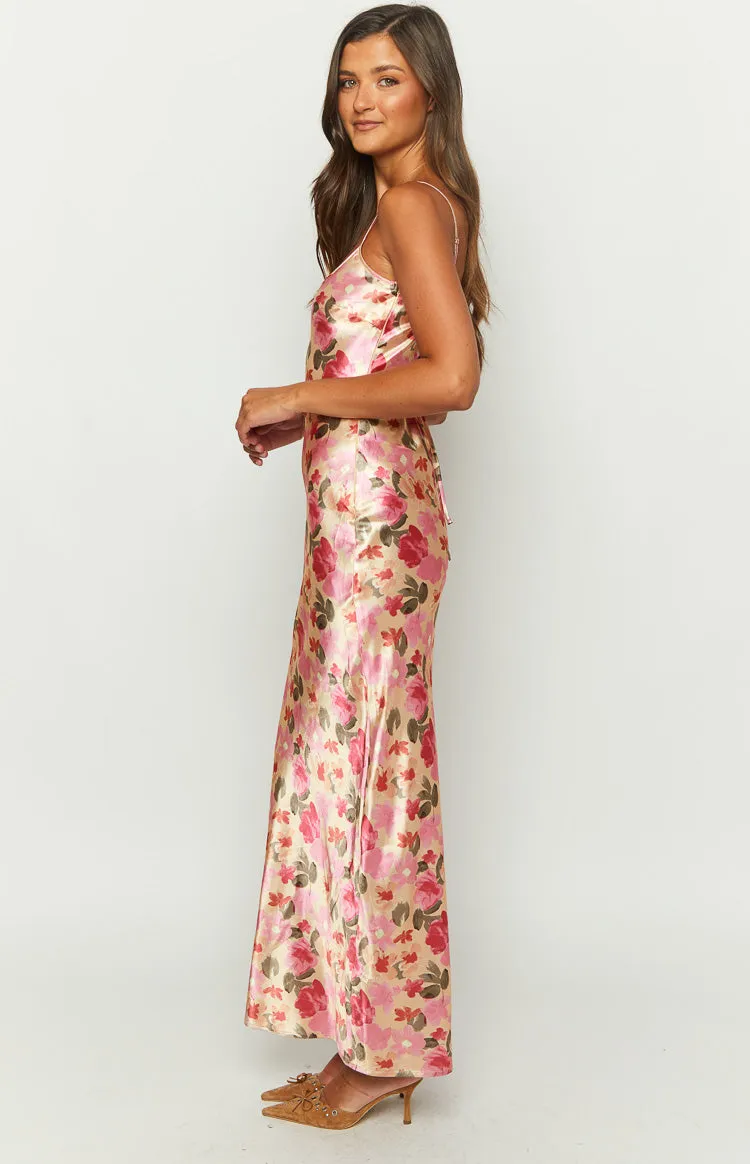 Renesmee Yellow Floral Print Satin Maxi Dress