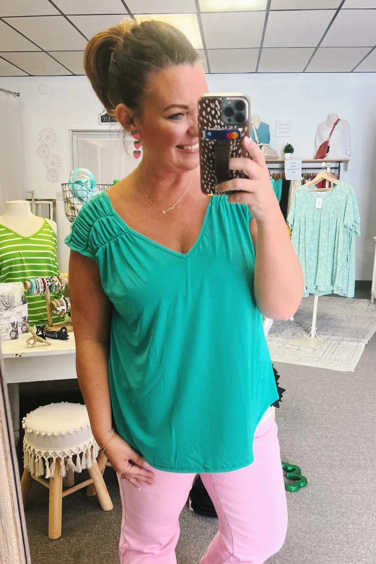 Rhonda Ruched Cap Sleeve Top in Emerald