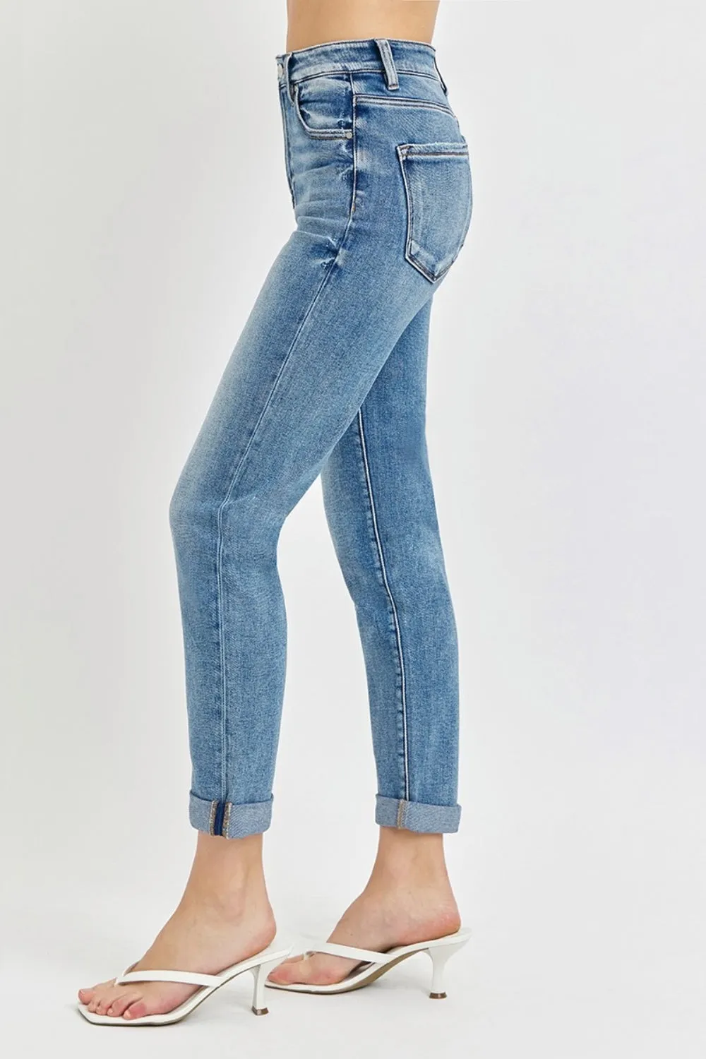 Risen High Rise Cropped Roll Up Jeans