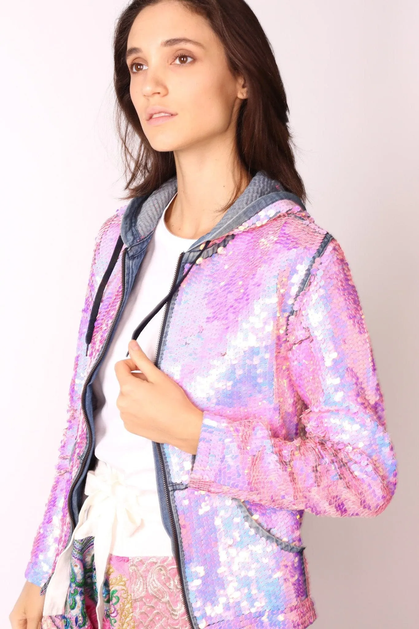 SEQUIN HOODIE DENIM JACKET