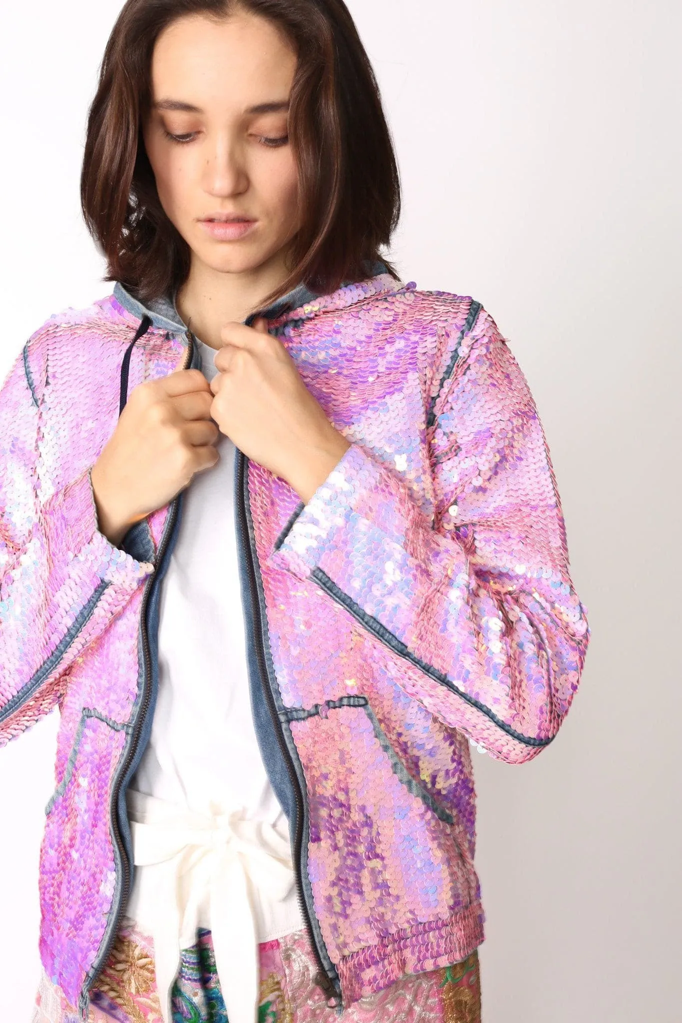 SEQUIN HOODIE DENIM JACKET