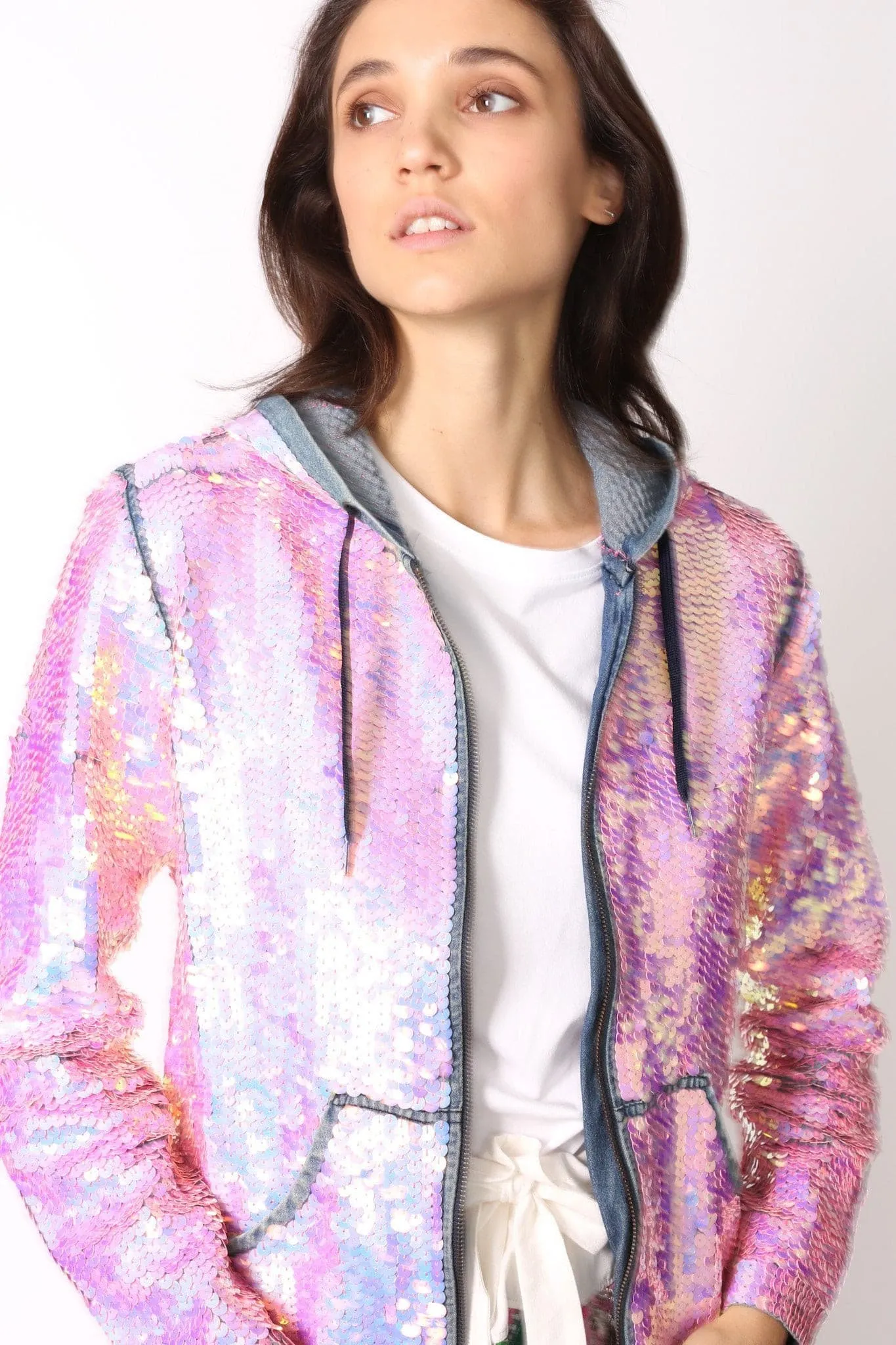 SEQUIN HOODIE DENIM JACKET