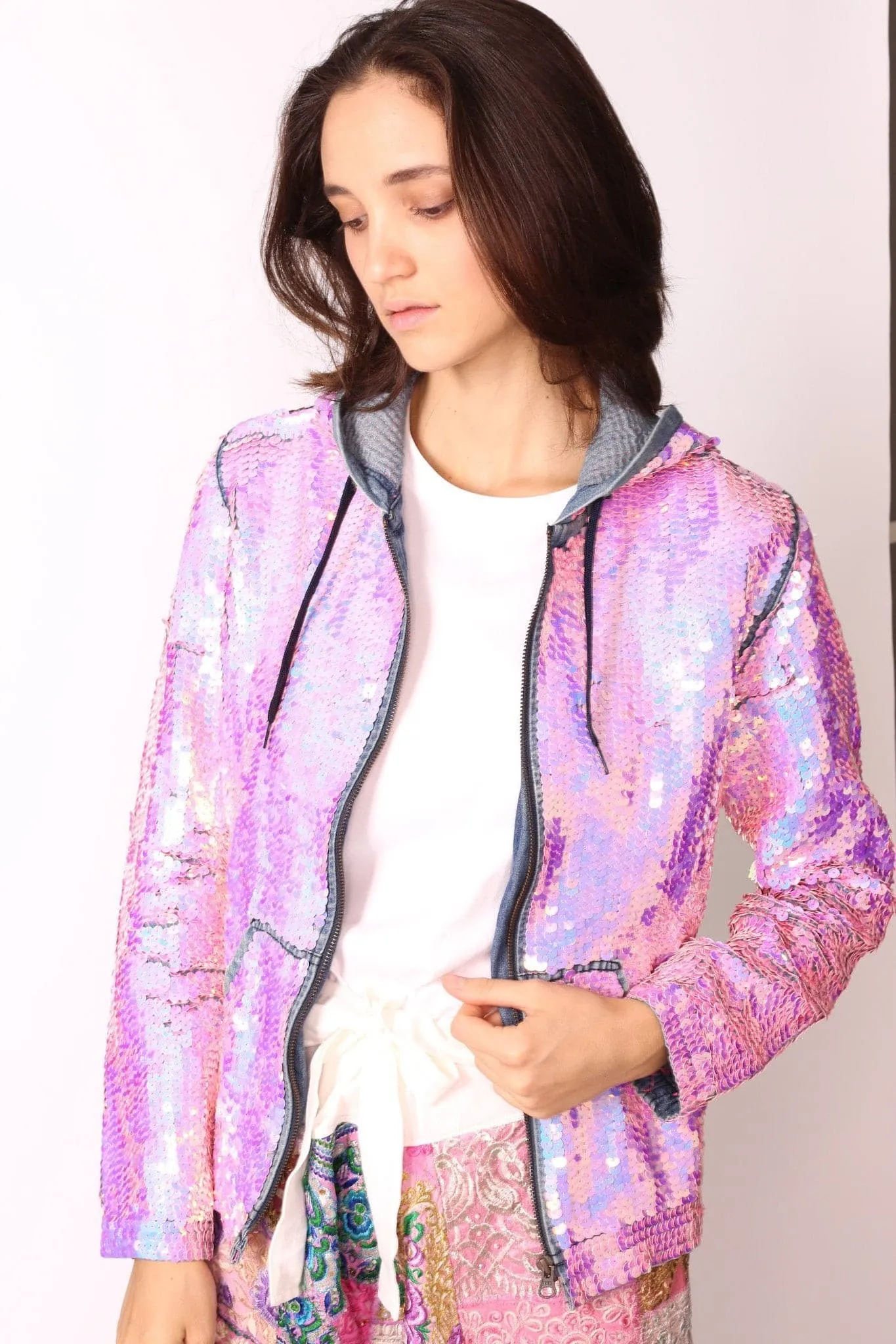 SEQUIN HOODIE DENIM JACKET