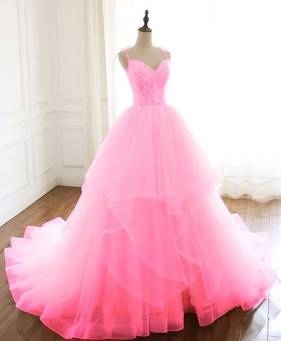 Spaghetti Straps Prom Dresses, Prom Ball Gown, Pink Prom Dresses  fg4590