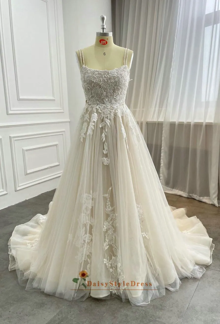 Square Neckline Champagne Wedding Dress