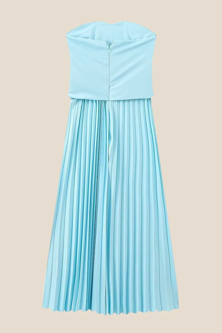 Strapless Light Blue Pleated Midi Dress