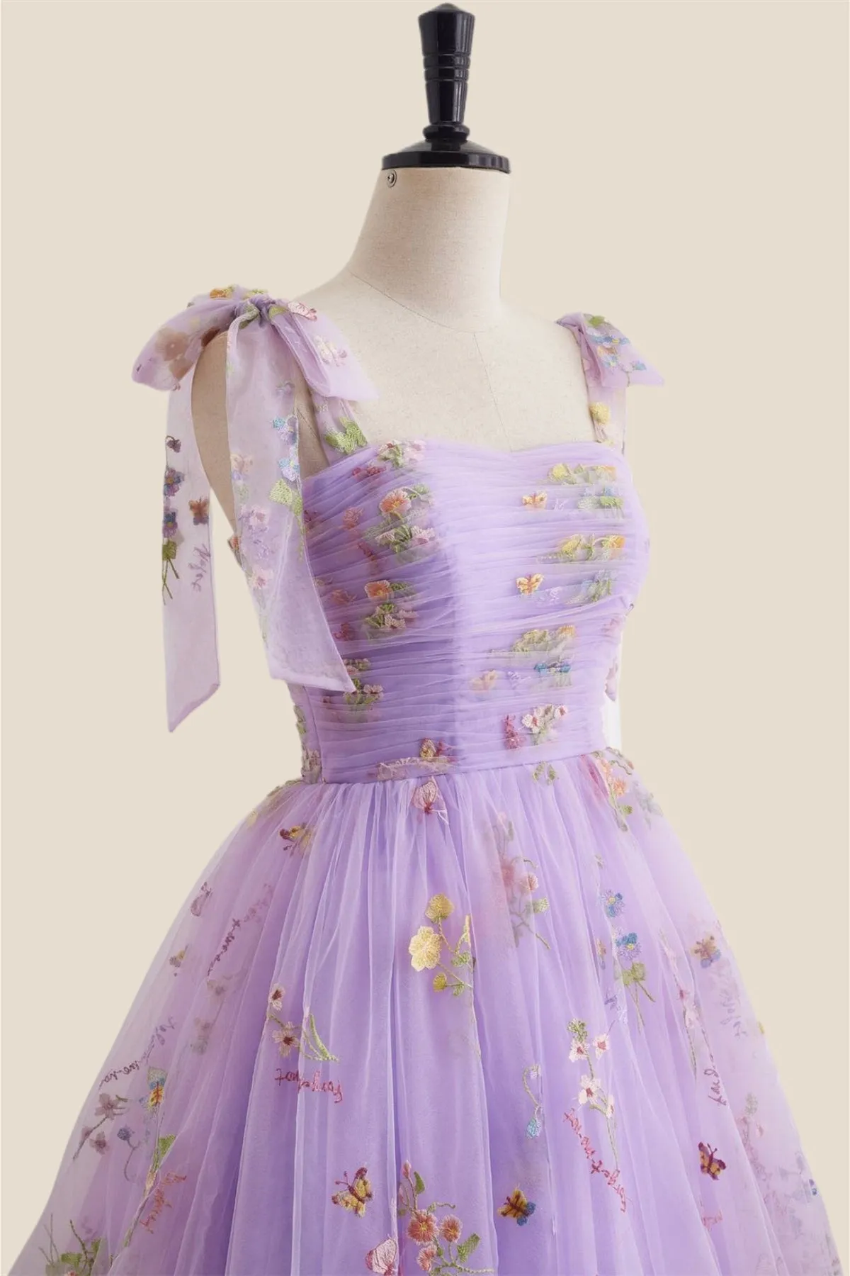 Straps Lavender Floral Ruched Tulle Short Dress