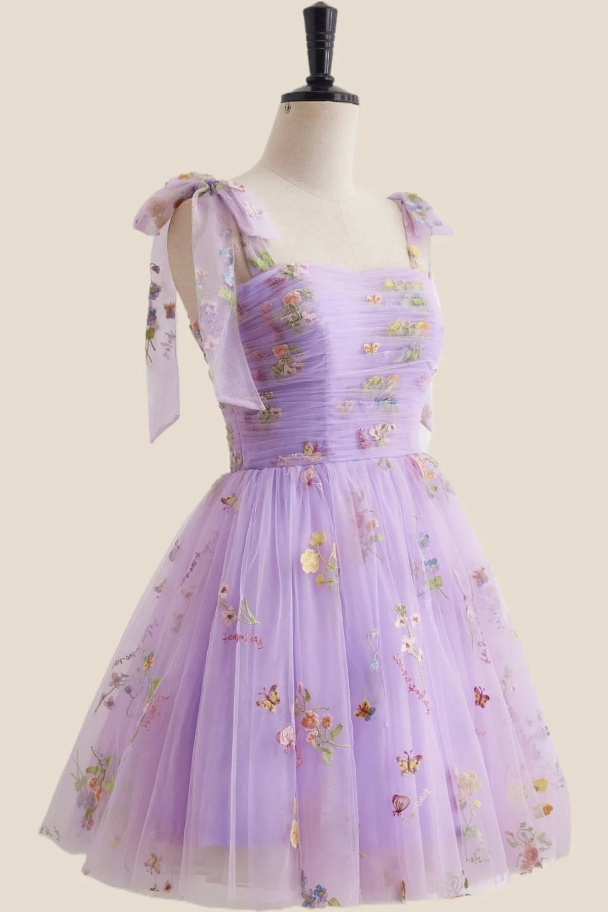 Straps Lavender Floral Ruched Tulle Short Dress