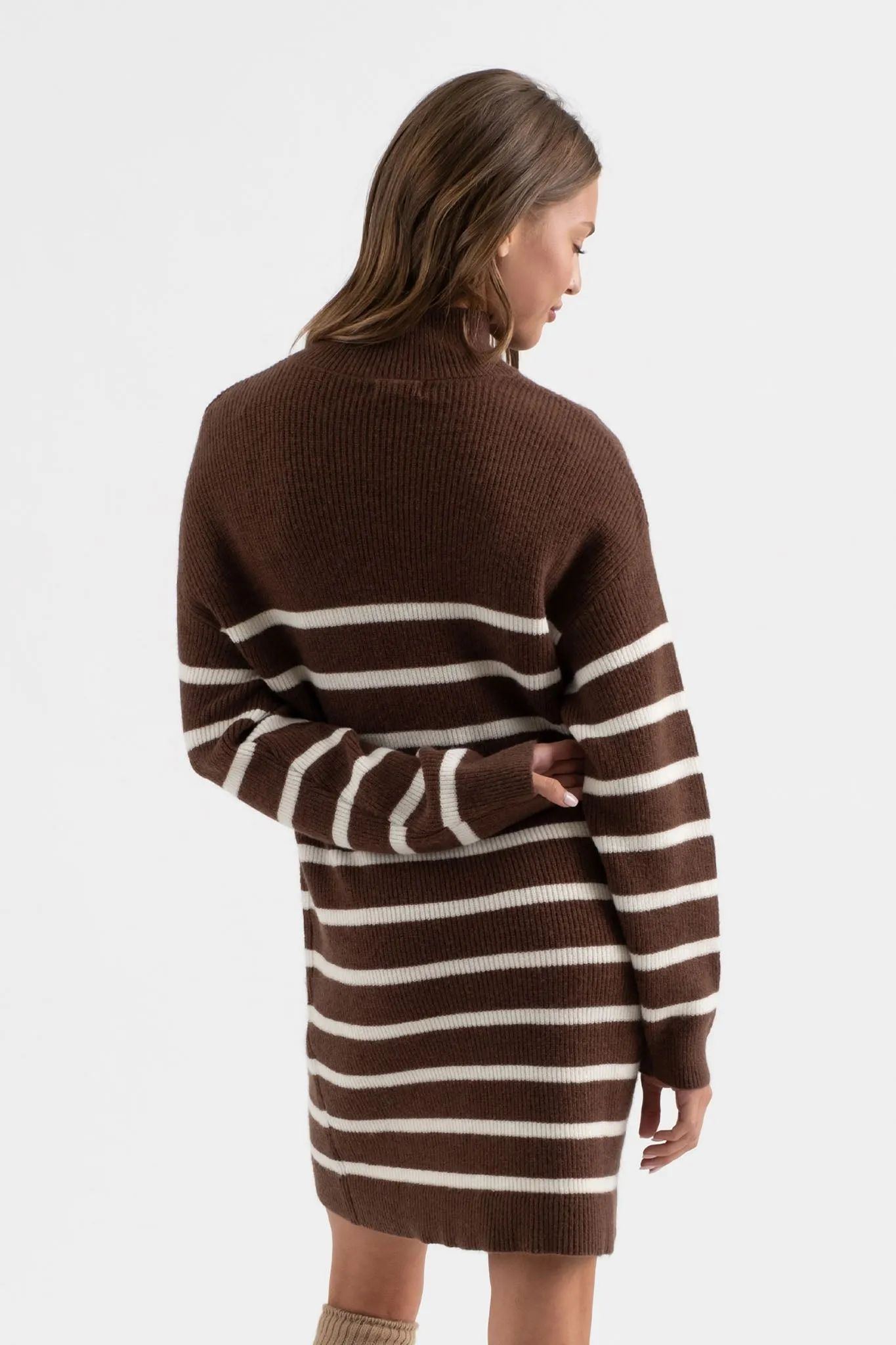 STRIPE MOCK NECK LONG SLEEVE KNIT SWEATER DRESS