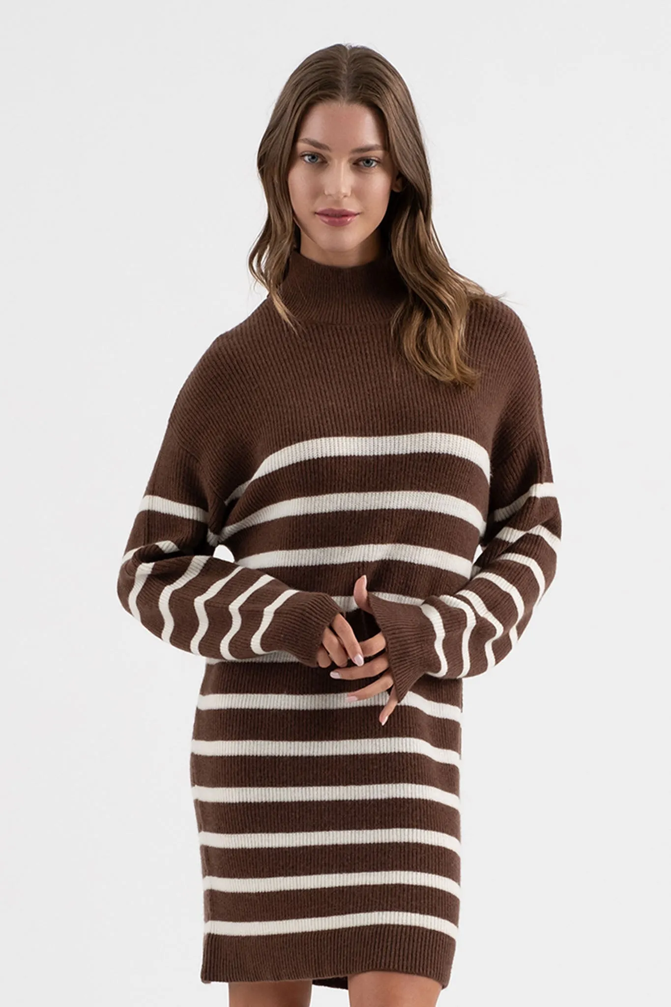 STRIPE MOCK NECK LONG SLEEVE KNIT SWEATER DRESS