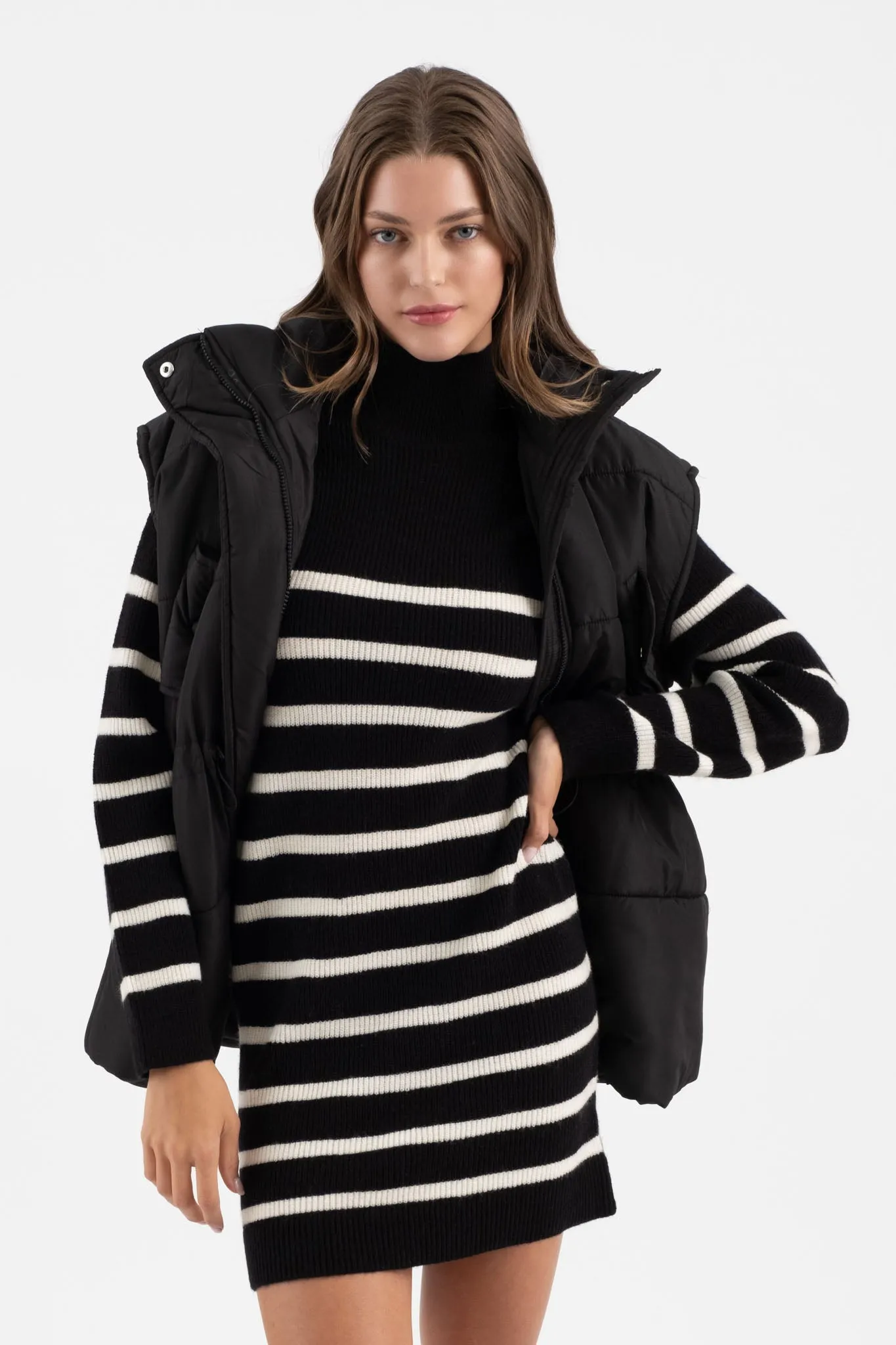 STRIPE MOCK NECK LONG SLEEVE KNIT SWEATER DRESS