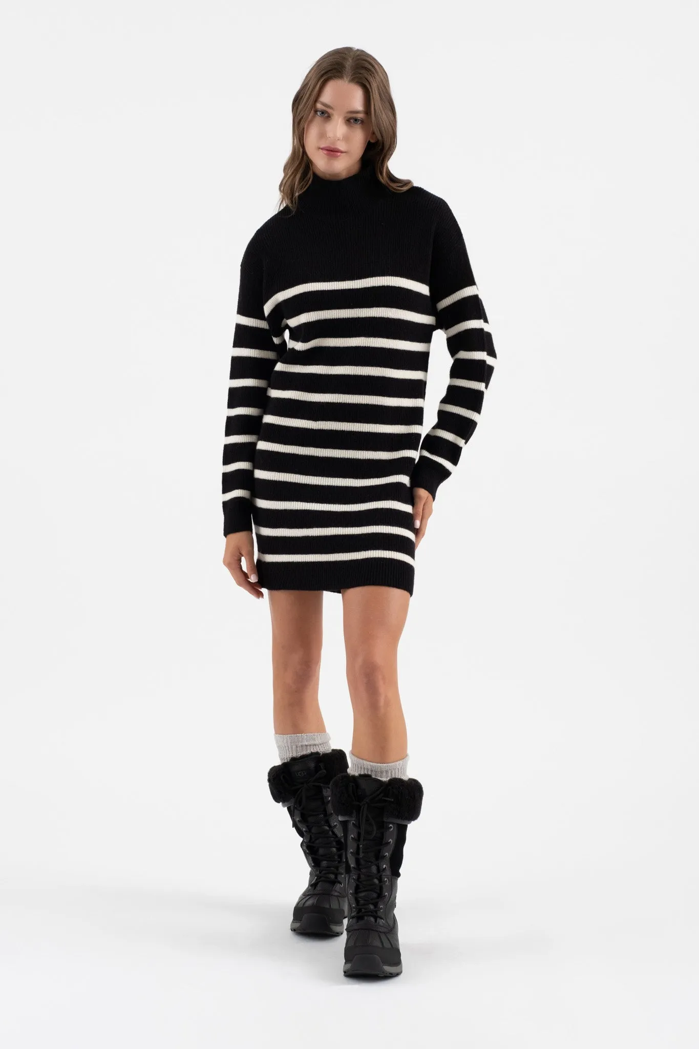 STRIPE MOCK NECK LONG SLEEVE KNIT SWEATER DRESS