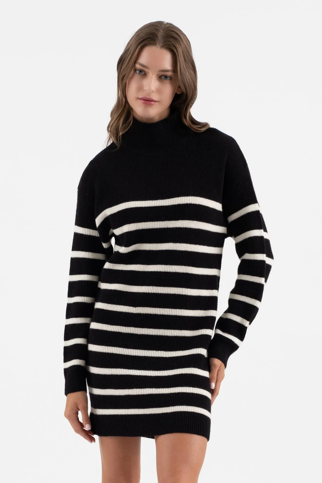 STRIPE MOCK NECK LONG SLEEVE KNIT SWEATER DRESS