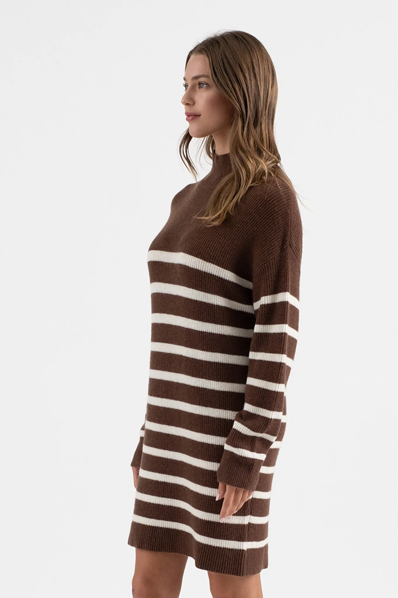 STRIPE MOCK NECK LONG SLEEVE KNIT SWEATER DRESS