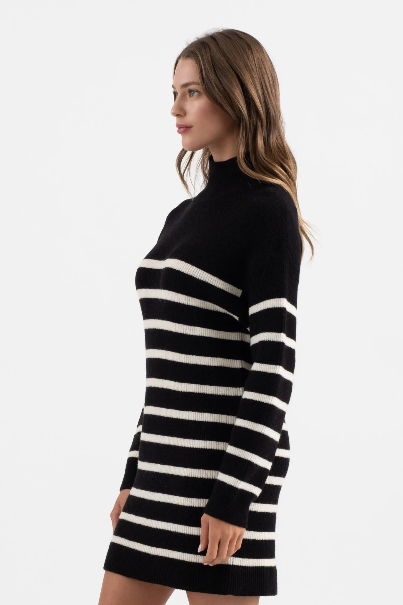 STRIPE MOCK NECK LONG SLEEVE KNIT SWEATER DRESS