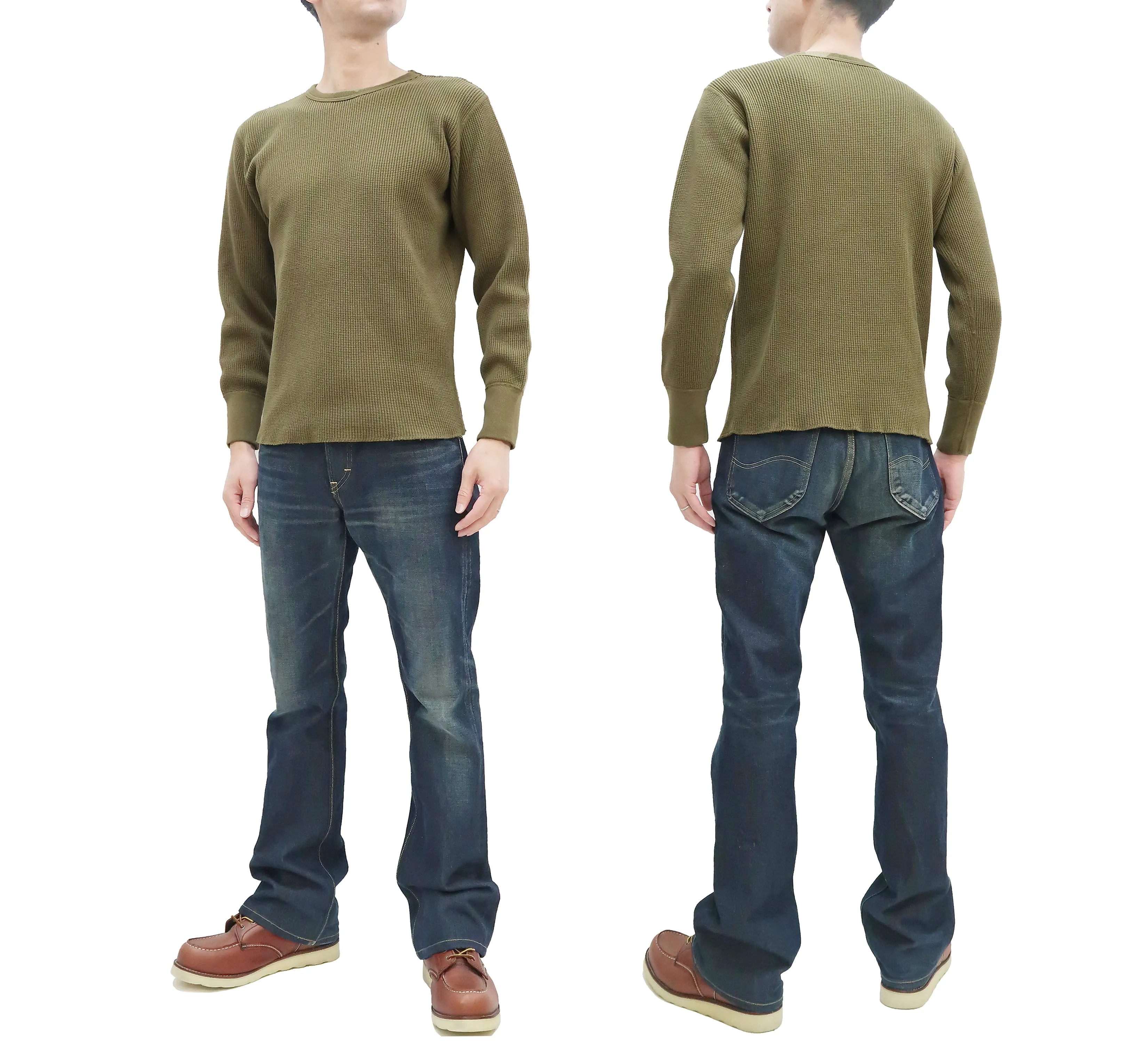 Studio D'artisan Waffle-Knit Thermal T-Shirt Men's Casual Long Sleeve Plain Crew-Neck Heavyweight Thermal Tee 9936 Khaki