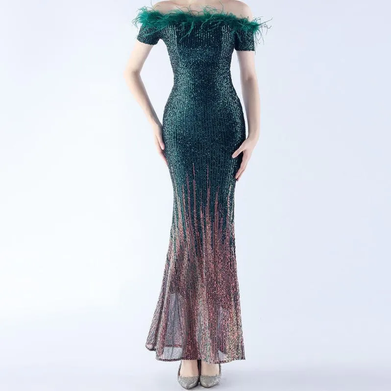 Theodora Off Shoulder Ostrich Feather Sequined  Gradient Dress