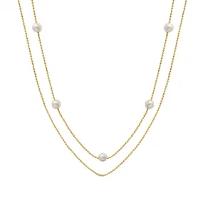 Two Layered Chain Stacked Floating Pearl Necklace