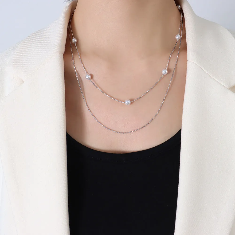 Two Layered Chain Stacked Floating Pearl Necklace