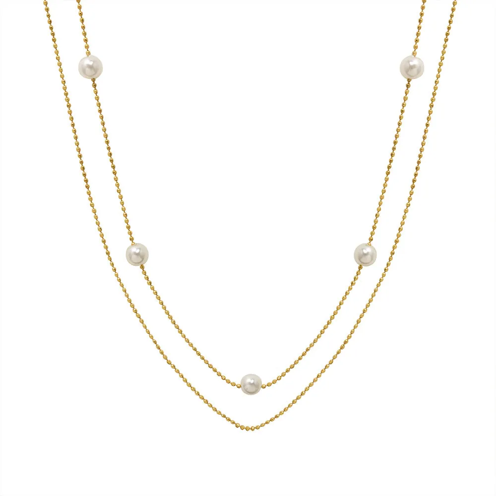 Two Layered Chain Stacked Floating Pearl Necklace