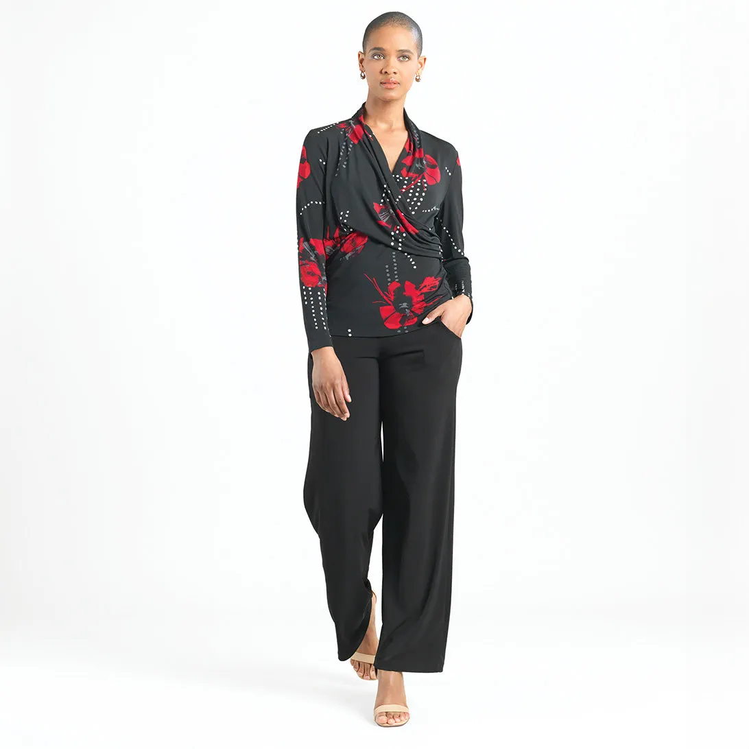 V-Neck Draped Pleat Top - Polka Poppy