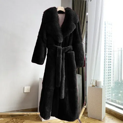 Winter Black Long Faux Fur Coat Long Sleeve Black  5XL Fake Mink Fur