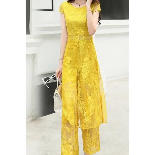 Women Fascinating Floral Pattern Transparent Short Sleeve Round Neck Amazing Trouser Dress - C1546UD