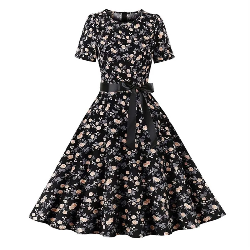 Women Short Sleeve Elegant Floral Printed Summer Dress - WD8011