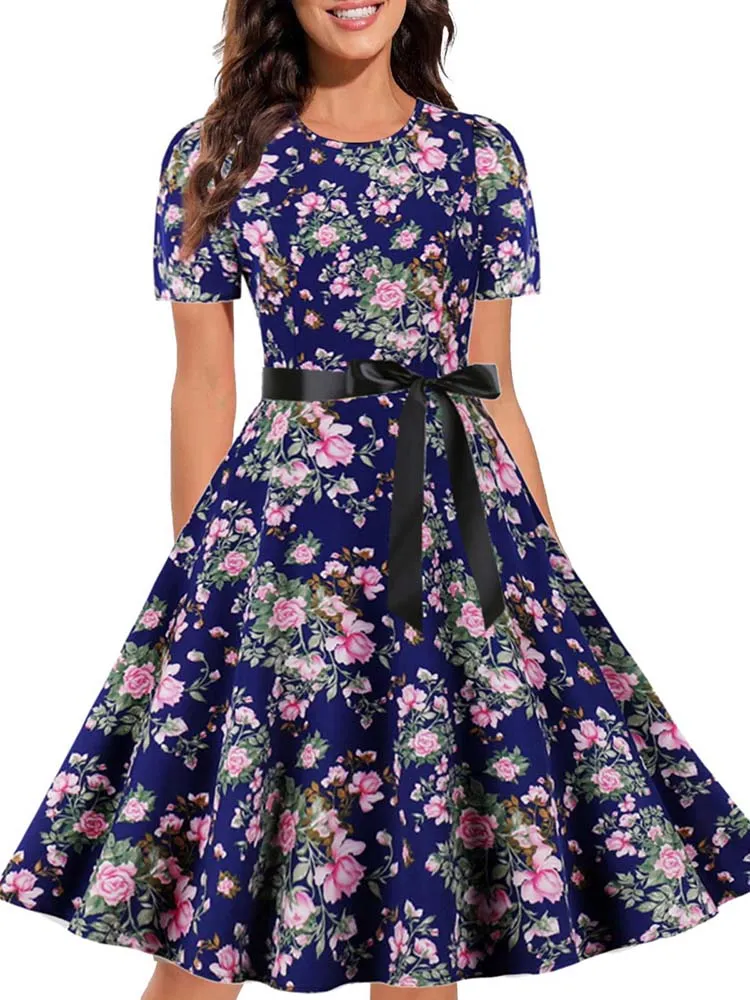 Women Short Sleeve Elegant Floral Printed Summer Dress - WD8011