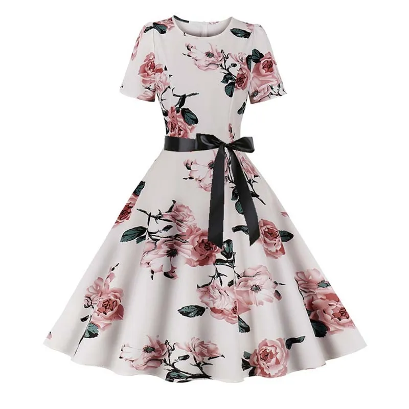 Women Short Sleeve Elegant Floral Printed Summer Dress - WD8011