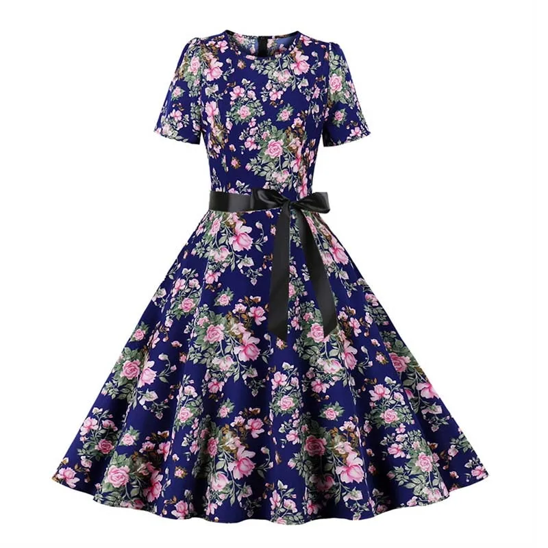 Women Short Sleeve Elegant Floral Printed Summer Dress - WD8011