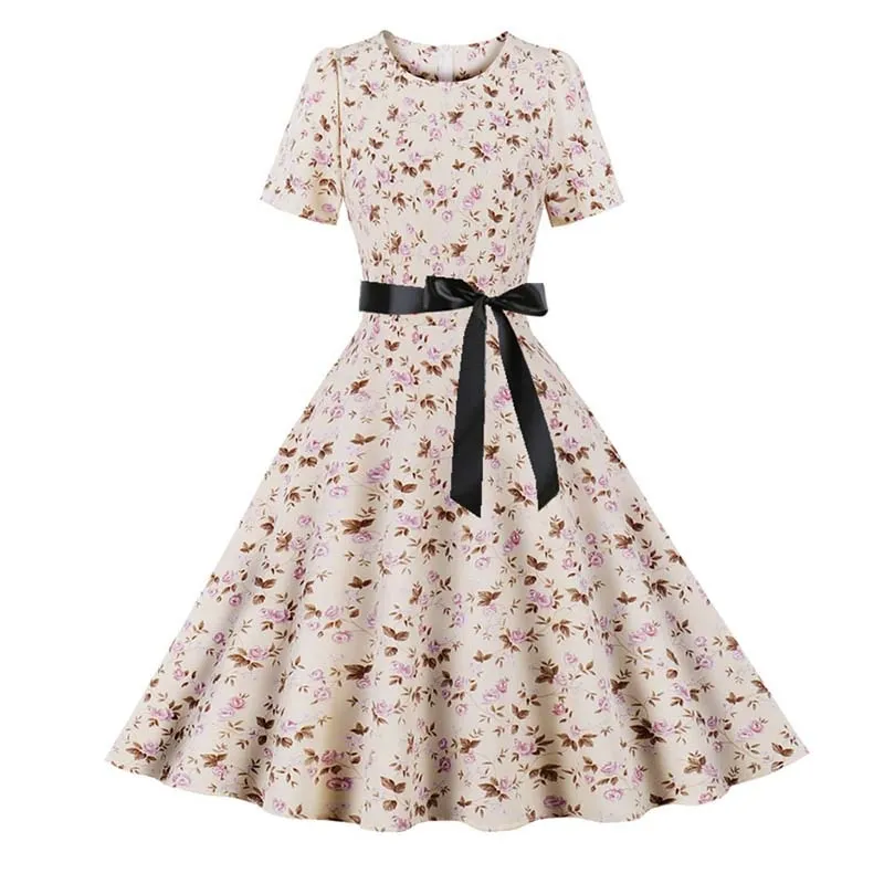 Women Short Sleeve Elegant Floral Printed Summer Dress - WD8011