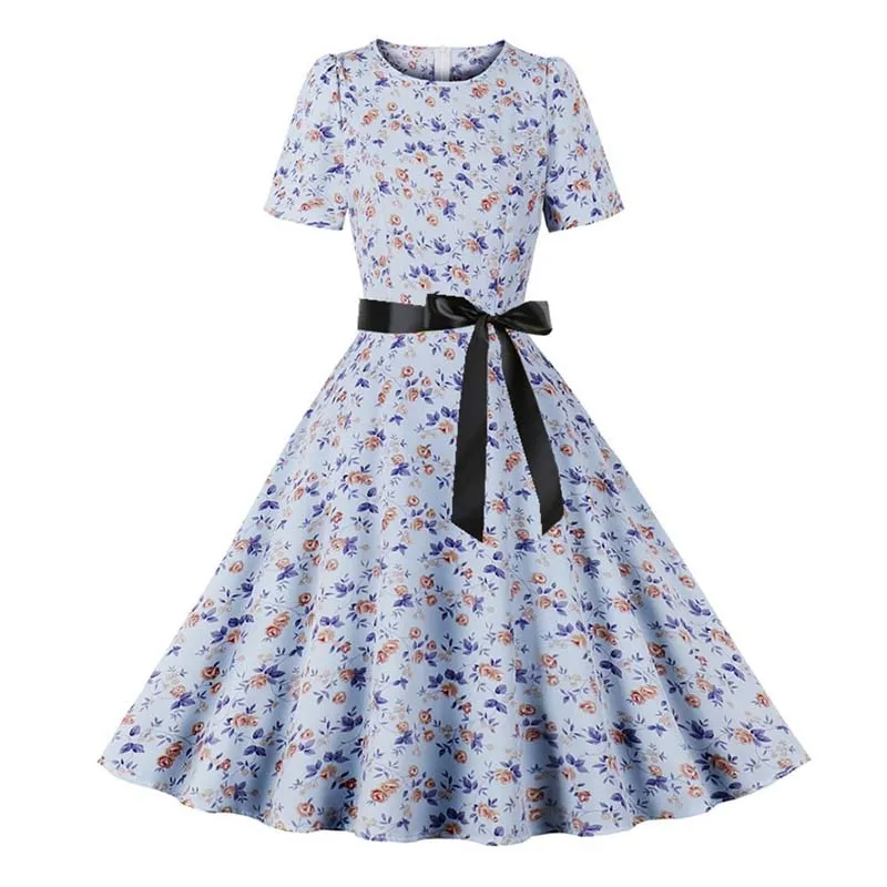 Women Short Sleeve Elegant Floral Printed Summer Dress - WD8011