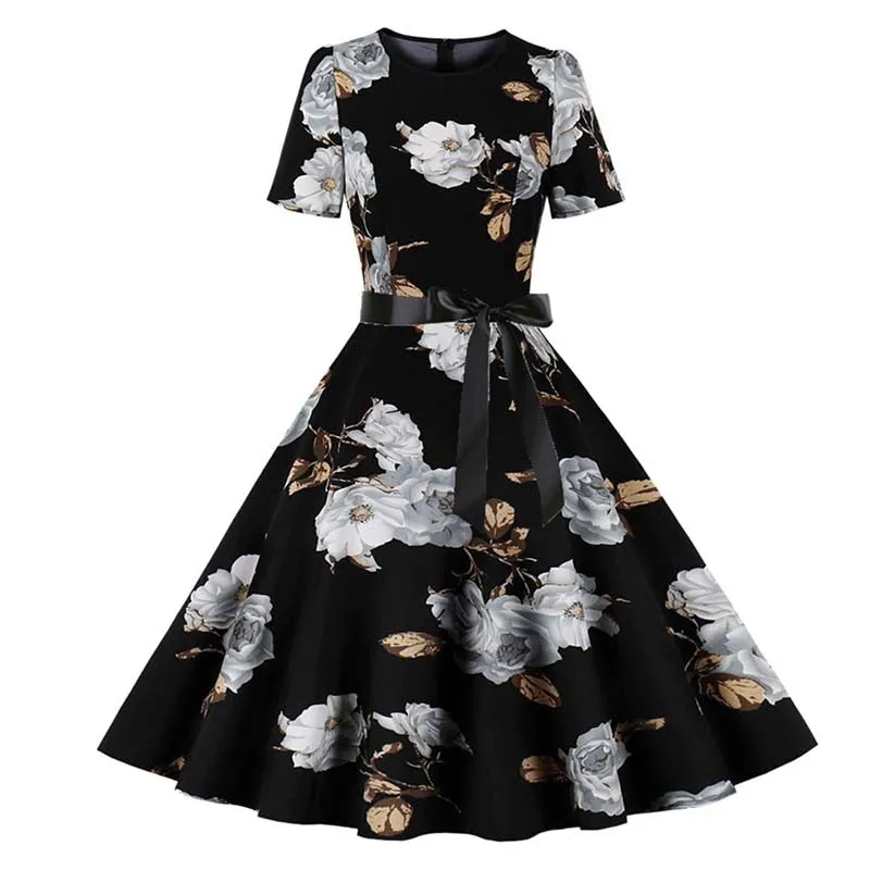 Women Short Sleeve Elegant Floral Printed Summer Dress - WD8011