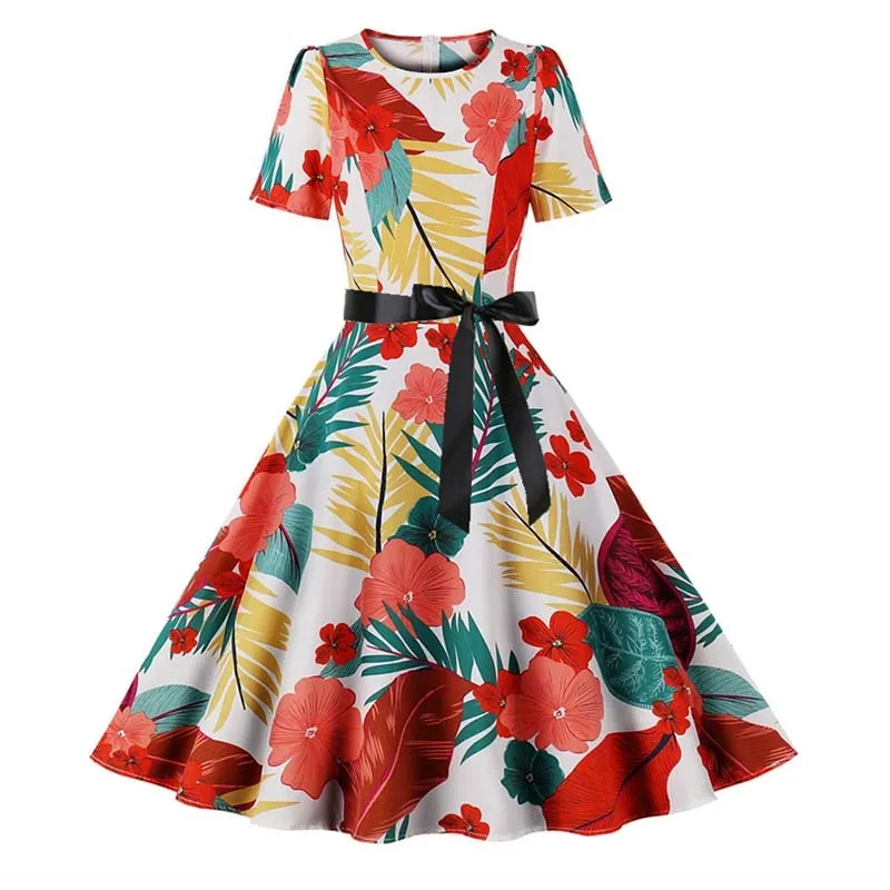 Women Short Sleeve Elegant Floral Printed Summer Dress - WD8011