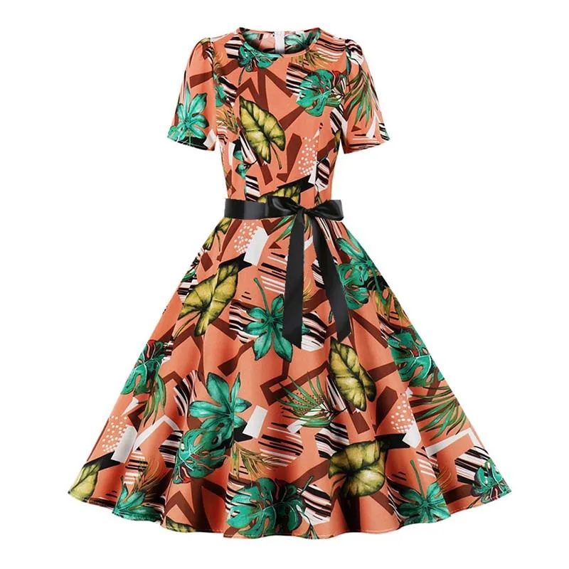 Women Short Sleeve Elegant Floral Printed Summer Dress - WD8011