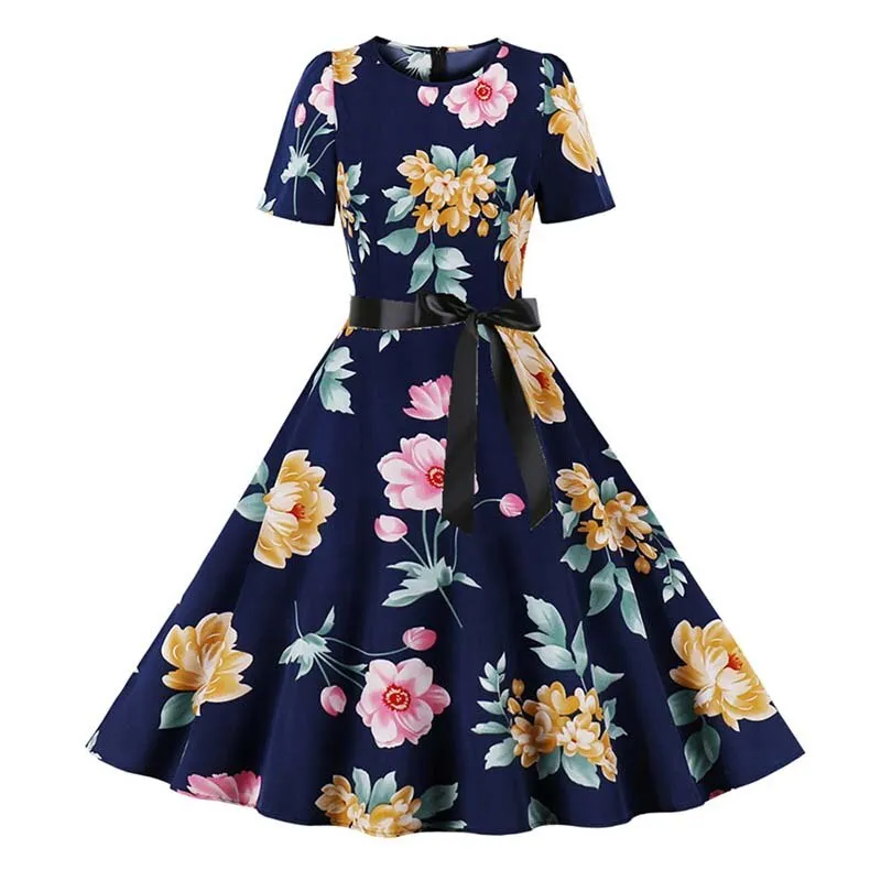 Women Short Sleeve Elegant Floral Printed Summer Dress - WD8011