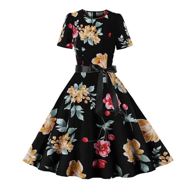 Women Short Sleeve Elegant Floral Printed Summer Dress - WD8011