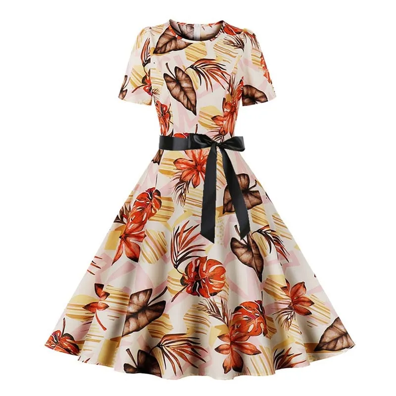 Women Short Sleeve Elegant Floral Printed Summer Dress - WD8011