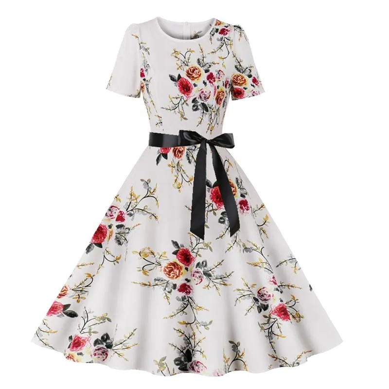 Women Short Sleeve Elegant Floral Printed Summer Dress - WD8011