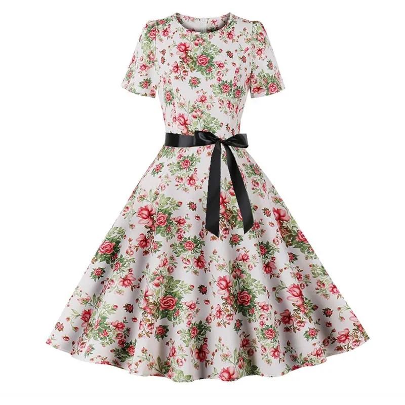 Women Short Sleeve Elegant Floral Printed Summer Dress - WD8011