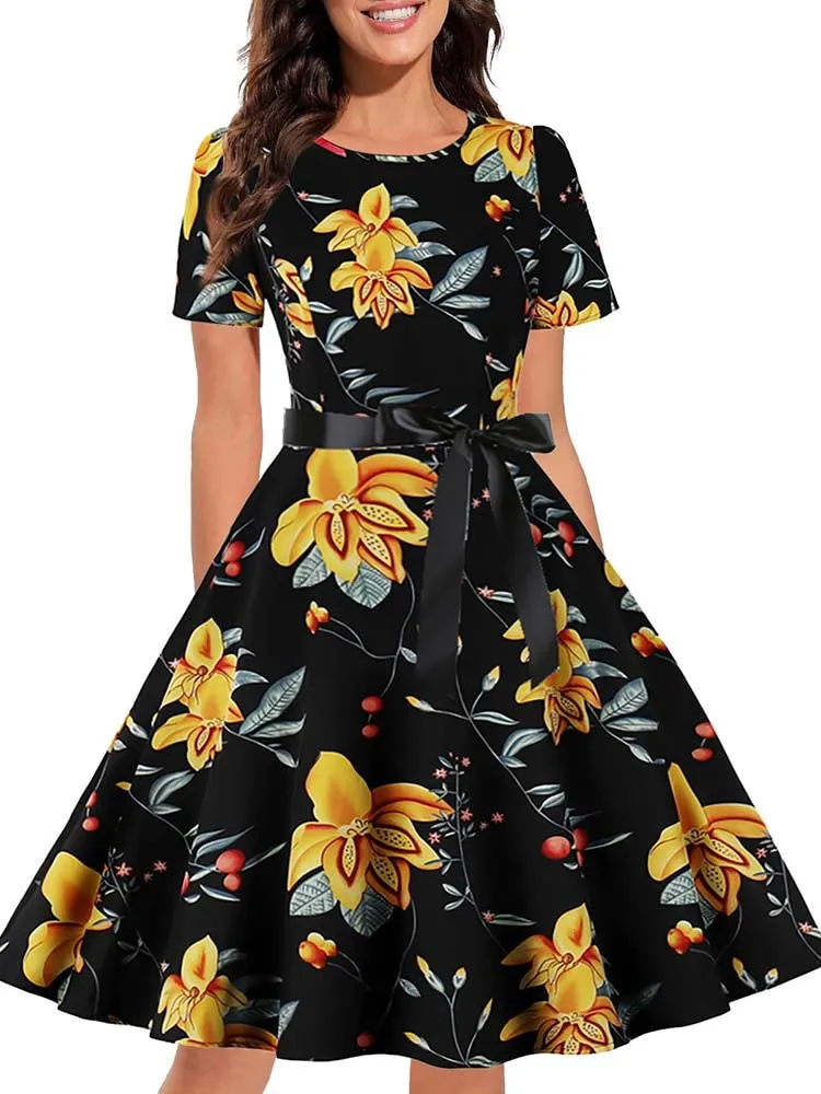 Women Short Sleeve Elegant Floral Printed Summer Dress - WD8011